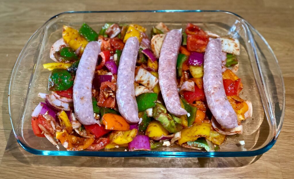 grilled sausages and bell peppers